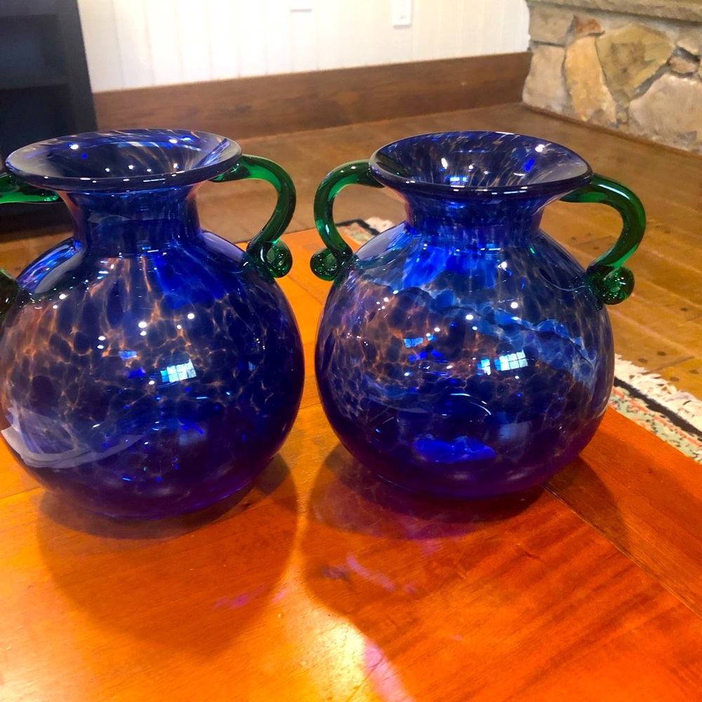 Pair of Cobalt Blue with Green handles-Hand Blown Art Glass Vase